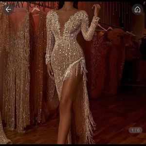 Tassel Sequin Deep V Long Sleeve Side Slit Fringe